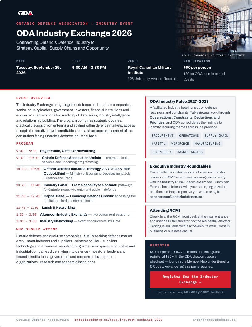 First page of the ODA Defence Industry Exchange 2026 one-page overview
