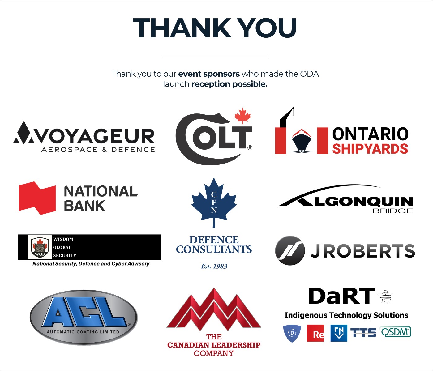 Thank you to the ODA launch reception sponsors: Voyageur Aerospace & Defence, Colt Canada, Ontario Shipyards, National Bank, CFN Consultants, Algonquin Bridge, Wisdom Global Security, Defence Consultants, JRoberts, Automatic Coating Limited, The Canadian Leadership Company, and DaRT Indigenous Technology Solutions.